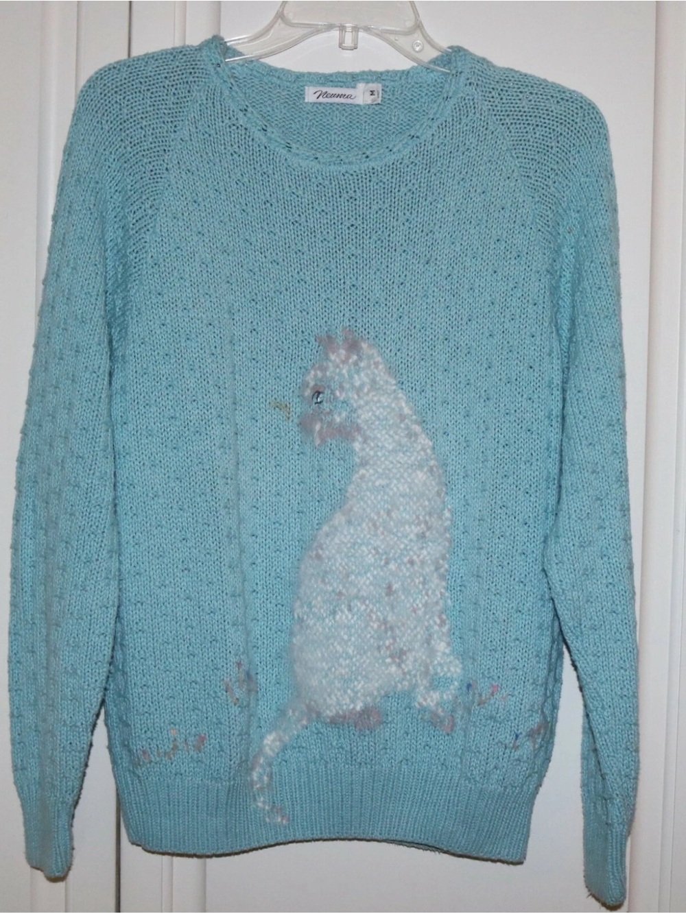 Women's Turquoise Sweater with Angora Cat Design by Neuma  - Size Medium